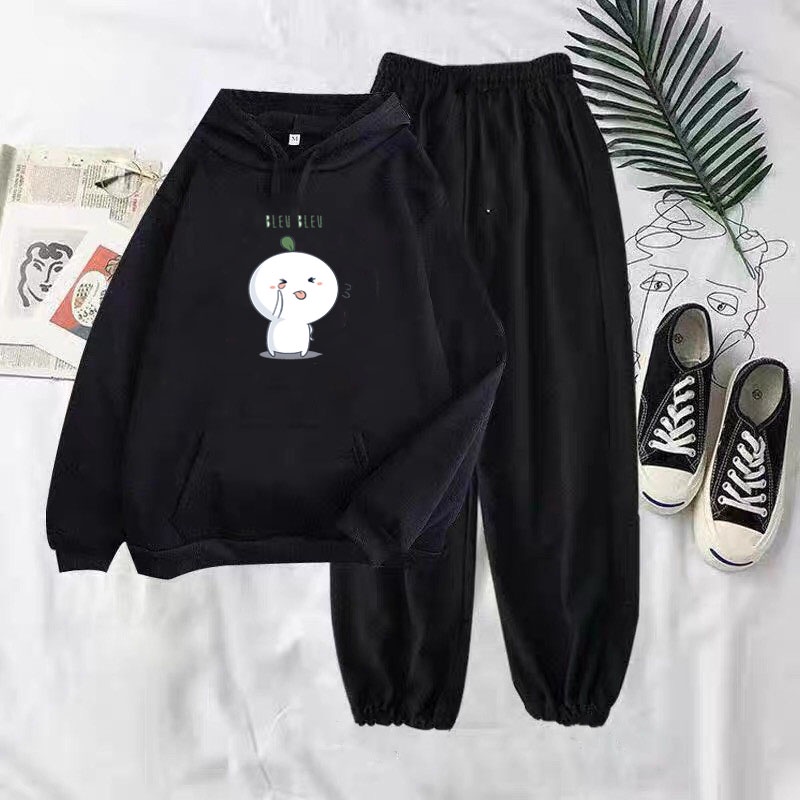 Sét bộ áo Hoodie hạt mầm Leuleu + quần bom đen, Áo nỉ Unisex from rộng, thiết kế phong cách, Sét bộ mặc ở nhà - MODY