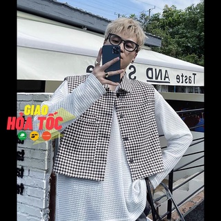 Áo Gile dạ tweed khoác ngoài họa tiết houndstooth form lửng