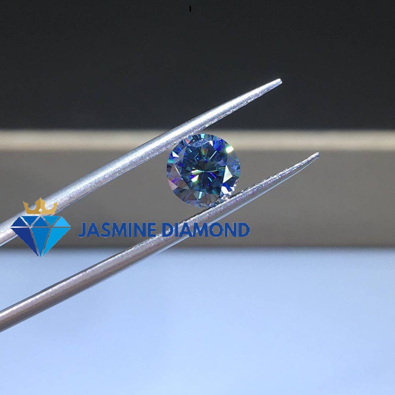 (Size từ 8-10.5 ly) Kim cương nhân tạo Mỹ Moissanite giác cắt tròn màu xanh dương