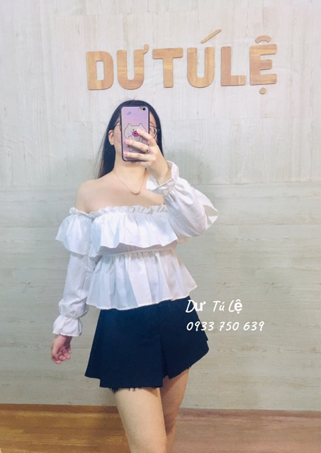 MS73 áo croptop bẹt vai nhún eo 2 màu kate xịn bao bán shop