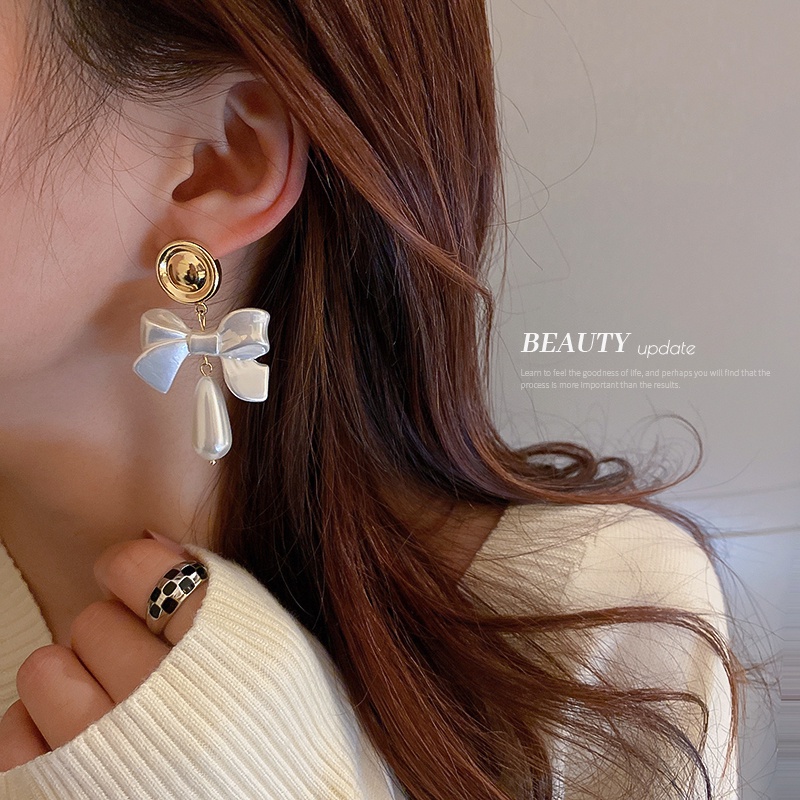 Bông Tai Mạ Bạc 925 Hình Nơ Đính Ngọc Trai Phong Cách Hàn Quốc