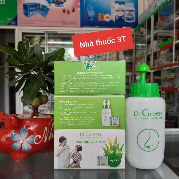 Muối rửa mũi Dr.Green- hỗn hợp muối biển nha đam an toàn cho mọi lứa tuổi. Hộp 30 gói.