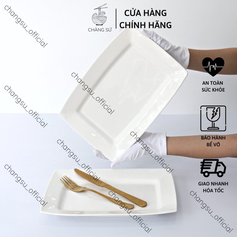 Đĩa chữ nhật dài to dày dặn kiều Nhật sứ Minh Châu - Chàng Sứ DHCN30