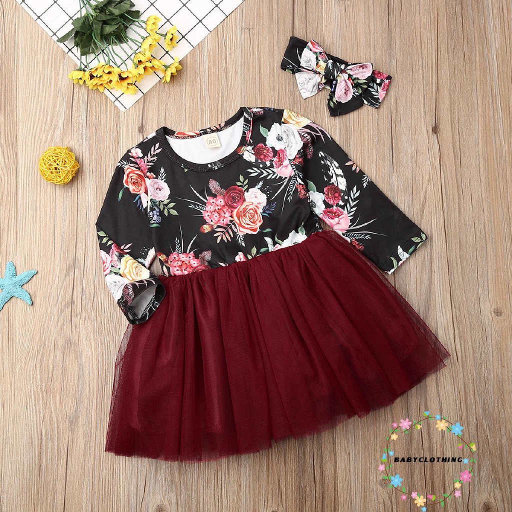 Set đồ gồm đầm tay dài in hoa kèm băng đô xinh xắn dành cho bé gái