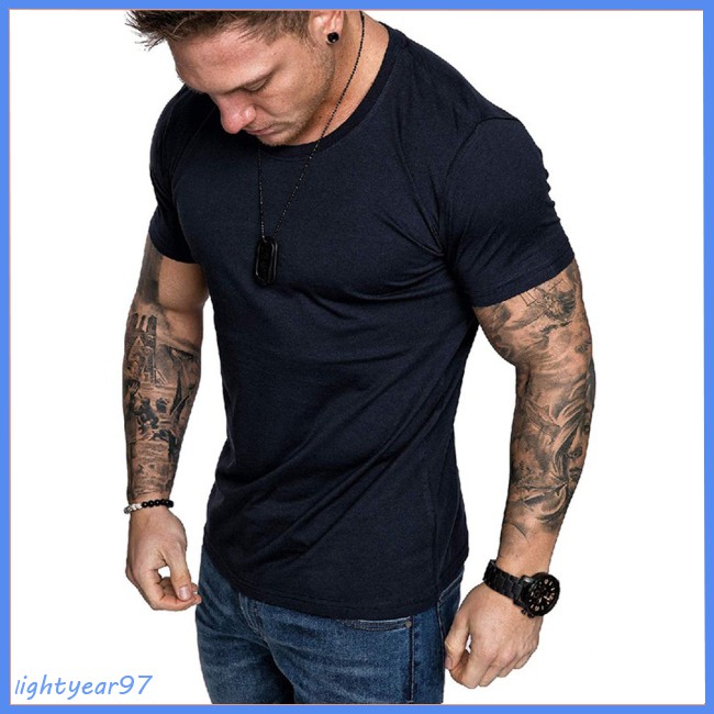 blue casual shirt white color Men T Shirt Summer Round Collar Short Sleeved Solid Color Casual Tops