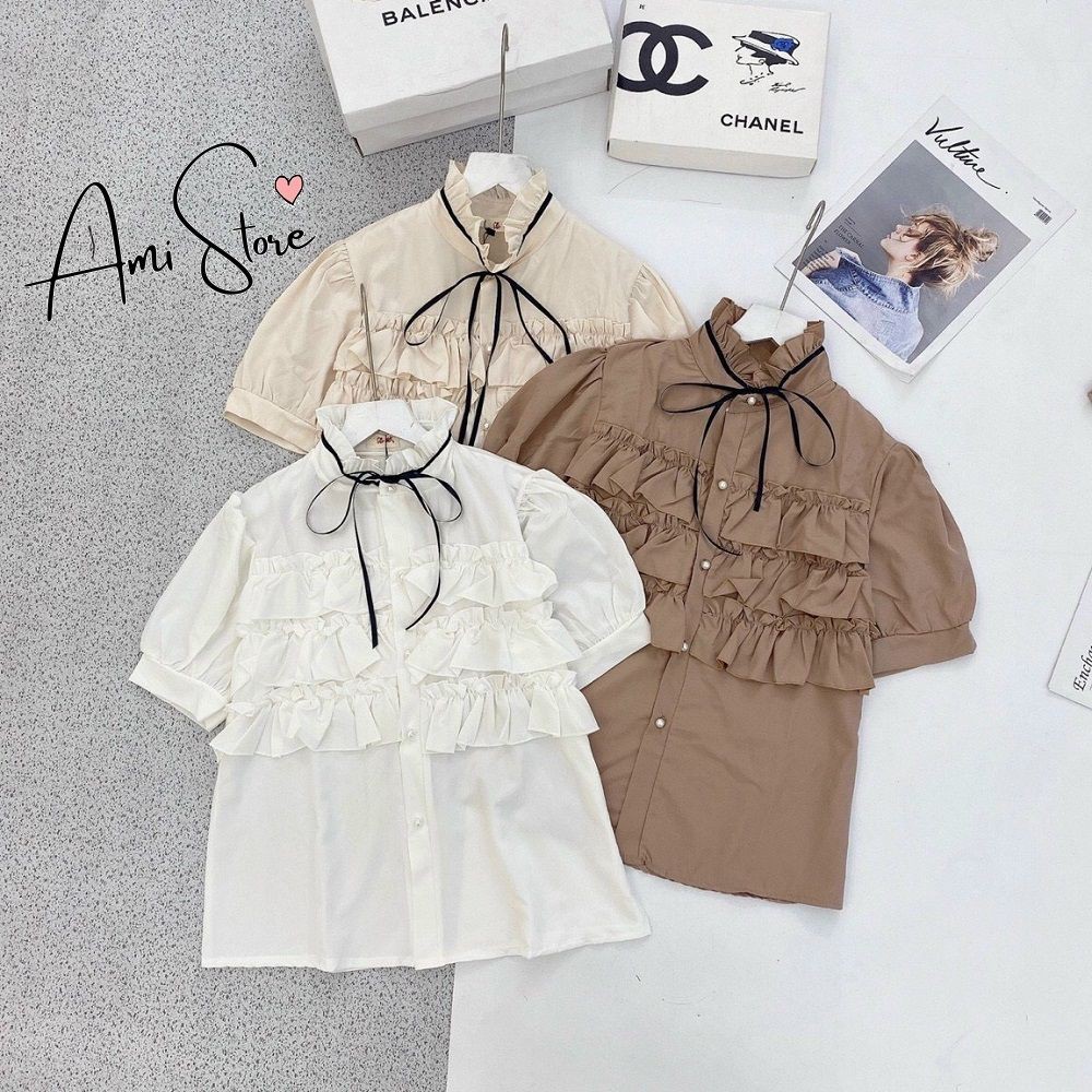 Áo sơ mi Ami cộc tay bèo ngực thắt nơ cổ cá tính SM11