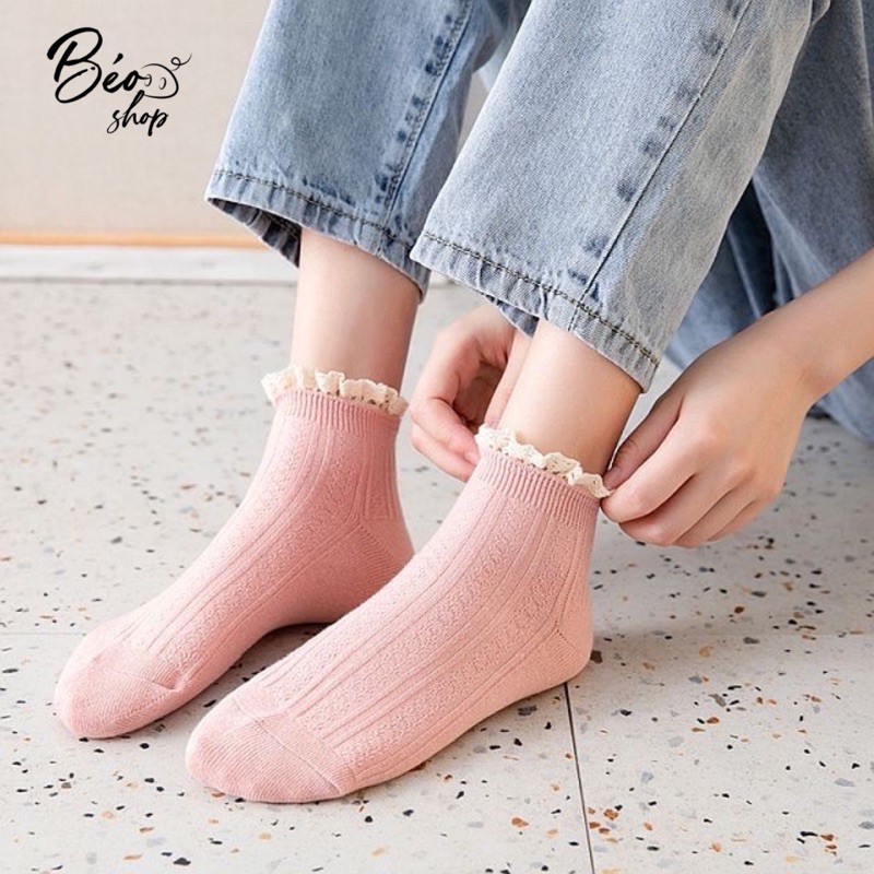 Tất vớ nữ ren viền bèo Béo shop hàn quốc co giãn thấm hút mồ hôi MT25