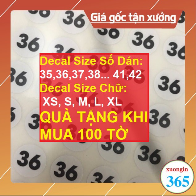 5 tờ - 630 miếng tem size dán quần áo XS, S, M, L, XL,35,36,..42