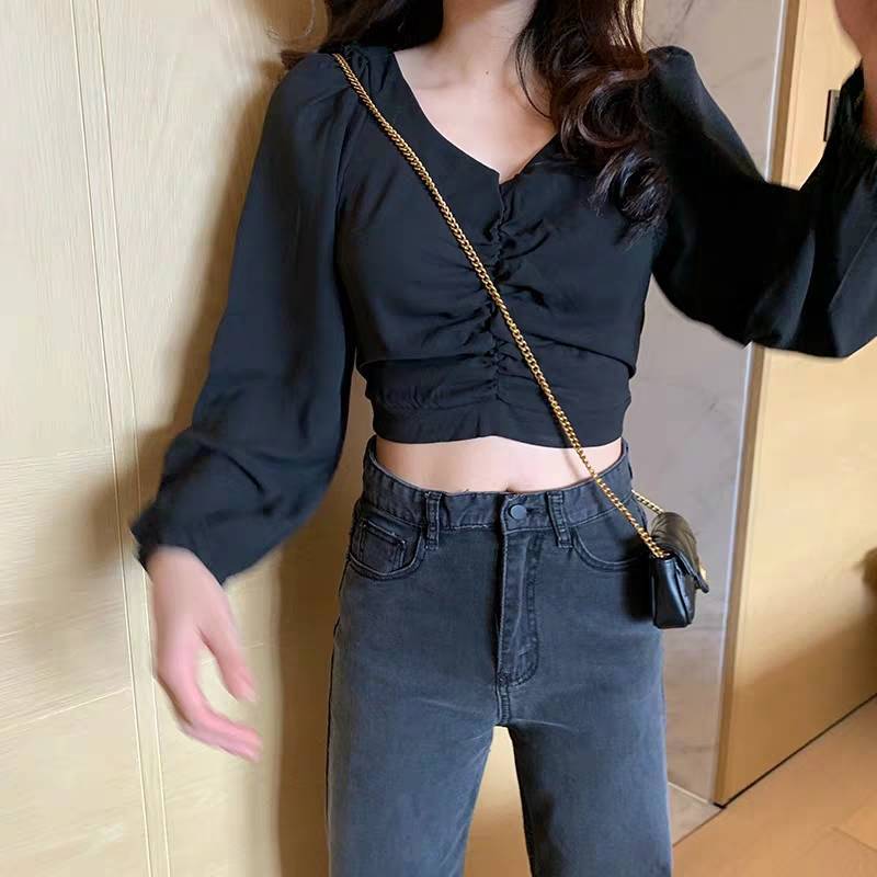 Áo kiểu ngắn tay dài màu đen phong cách Hàn Quốc dành cho nữ