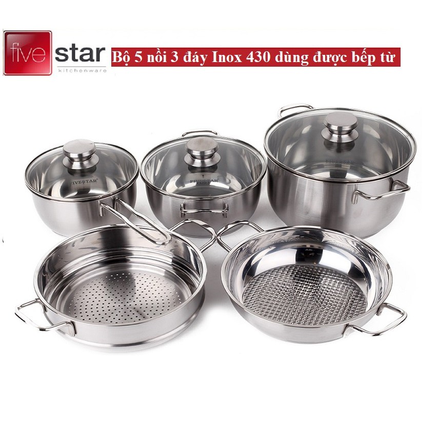 BỘ NỒI 5 MÓN INOX 3 ĐÁY FIVESTAR (NẮP KIẾNG) bảo hành 5 năm