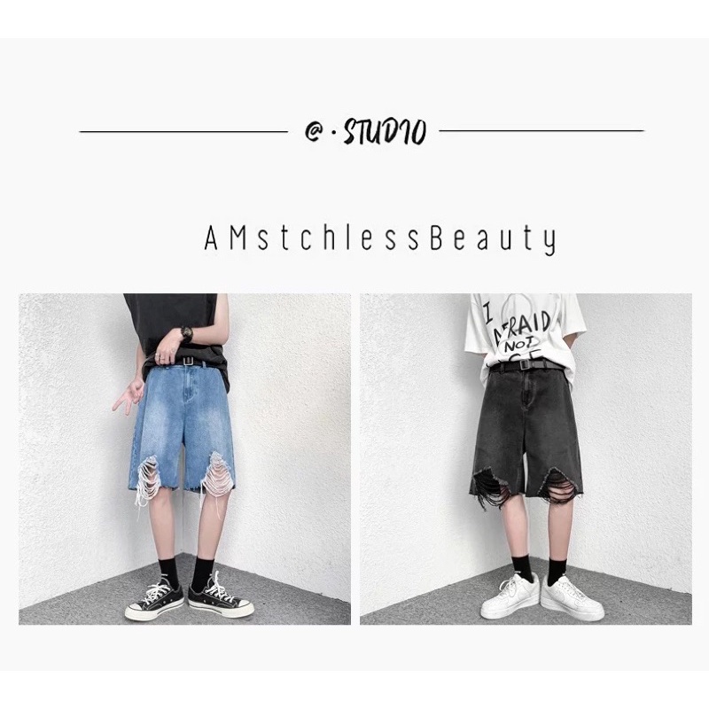 QUẦN SHORT JEANS RÁCH  ỐNG RỘNG NAM NỮ T-A-N Style hàn quốc-QSJ08-chất ngất màu xanh,đen