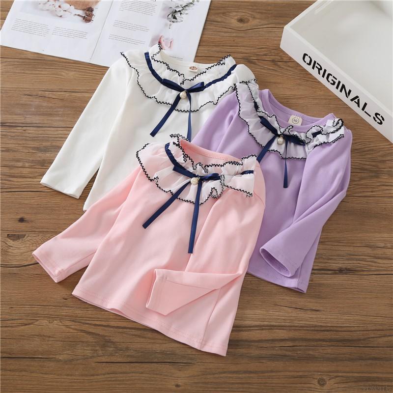 Áo cotton dài tay thắt nơ xinh xắn cho bé gái