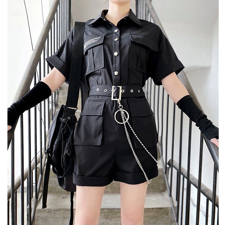 Áo Liền Quần Màu Đen Tay Ngắn Dáng Ôm Eo Cao Phong Cách Harajuku Thời Trang Mùa Hè 2020 Cho Nữ