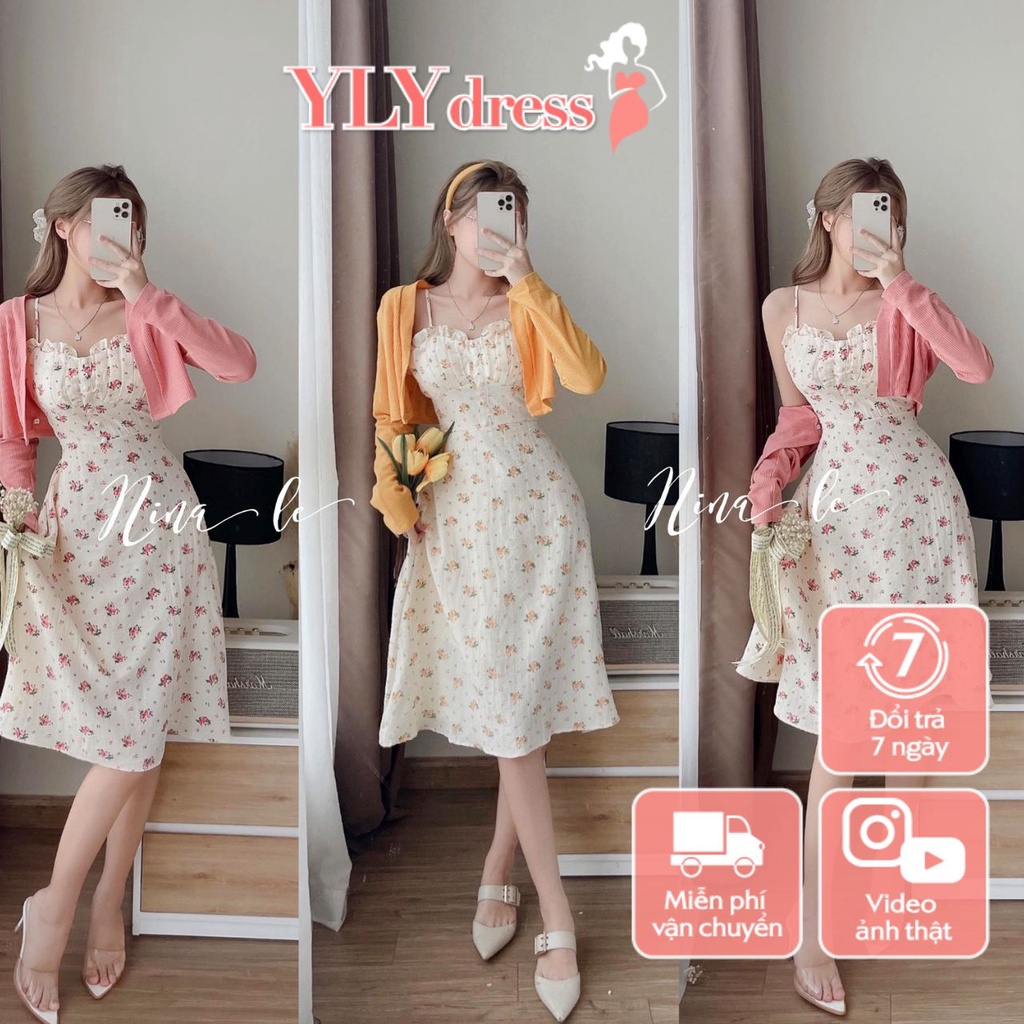 Set váy 2 dây cúp ngực, đầm hoa nhí kèm áo khoác cardigan dài tay chiết eo dáng dài freesize hàn quốc Ylydress C999