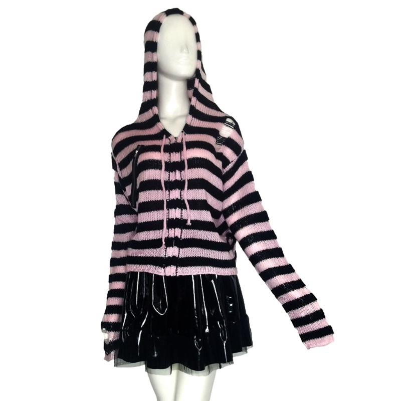 Áo Khoác Len Cardigan Tay Dài Có Khóa Kéo Họa Tiết Kẻ Sọc Thời Trang Cho Nữ