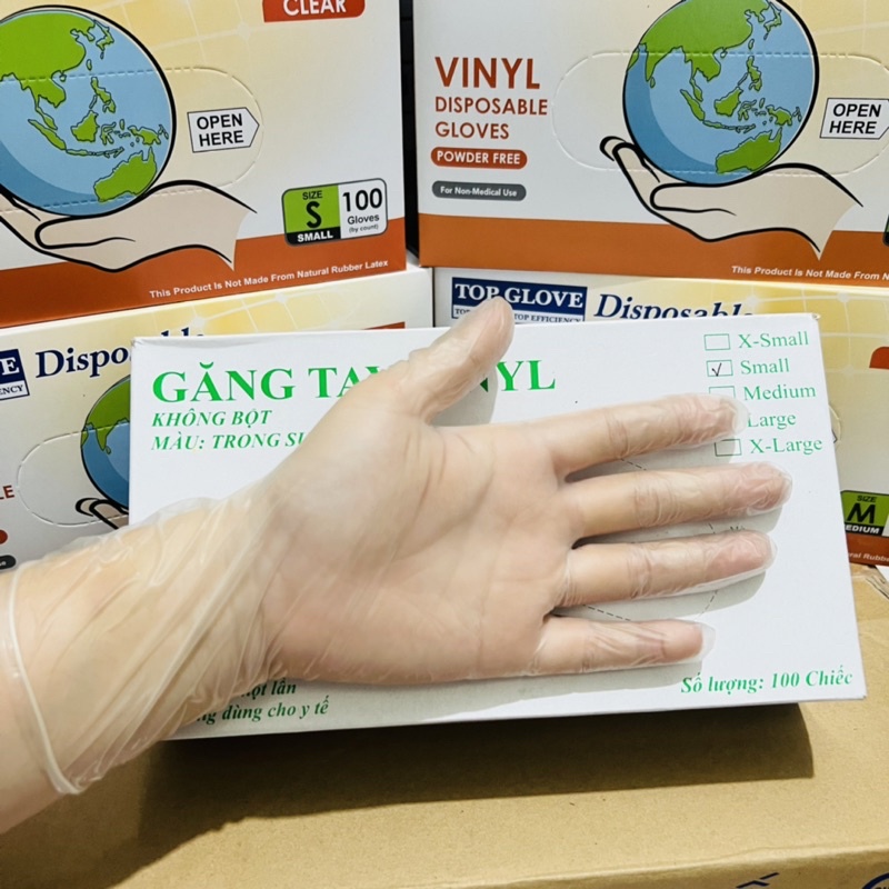 Thùng 10 Hộp Găng Tay Trong Suốt Không Bột TopGlove Vinlyl Blend Dày, Dai Dùng Cho Thực Phẩm, Spa Phun Xăm, Thẩm Mỹ