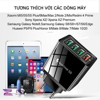 [Đầu Sạc-Đen]-Củ Sạc Nhanh QC 3.0 (Qualcomm Quick Charge)-(4 CỔNG USB), Tích Hợp Chip Thông Minh An Toàn
