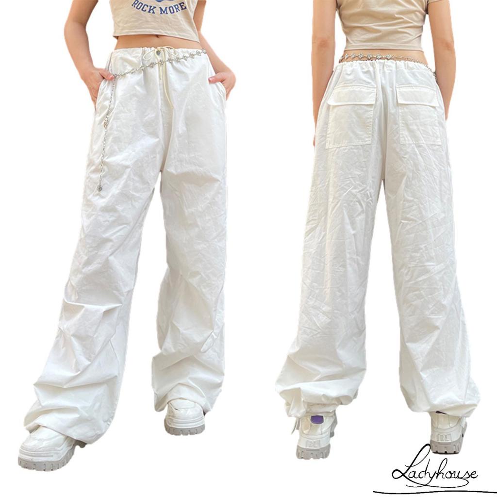 Quần ống rộng Lưng Thun Màu Trơn Có Túi Và Dây Cột Bên Hông Đơn Giản Cho Nữ