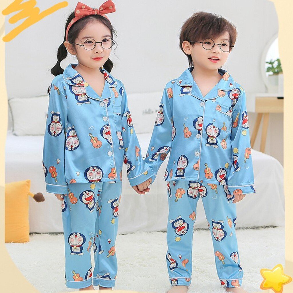 Bộ Pijama Cho Bé In Hoạt Hình Chất Lụa Cao Cấp, Đồ Ngủ Lụa Cho Bé - MINKY SOON