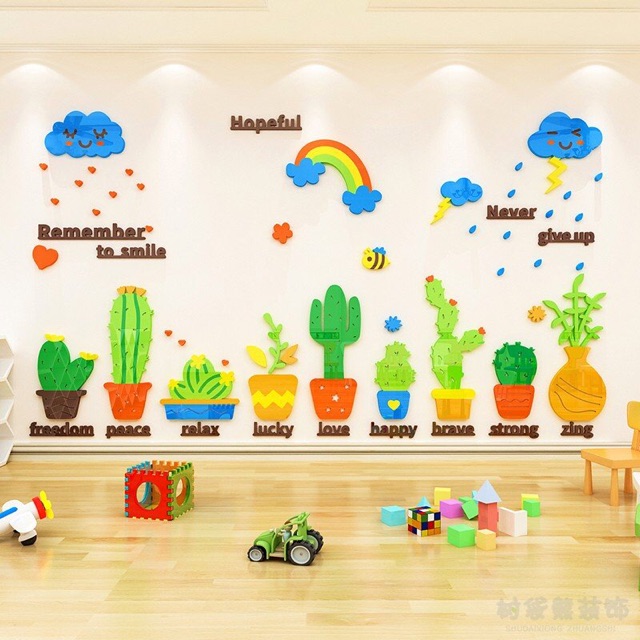 Tranh dán tường mica chậu cây xương rồng trang trí phòng khách, phòng ngủ, quán cafe, trà sữa