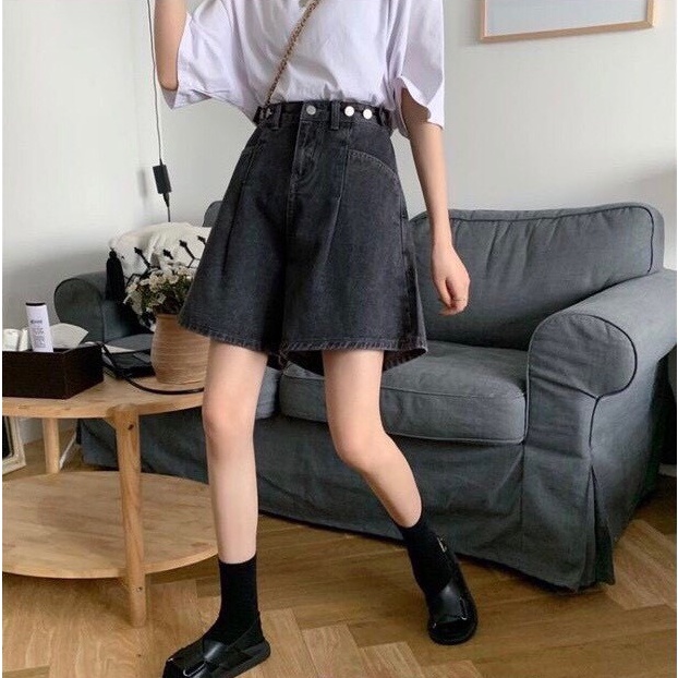 Quần short jean nữ/Quần ngố bò ống rộng lưng cao thiết kế đai thắt eo phong cách Hàn Quốc RÔ STORE QS14