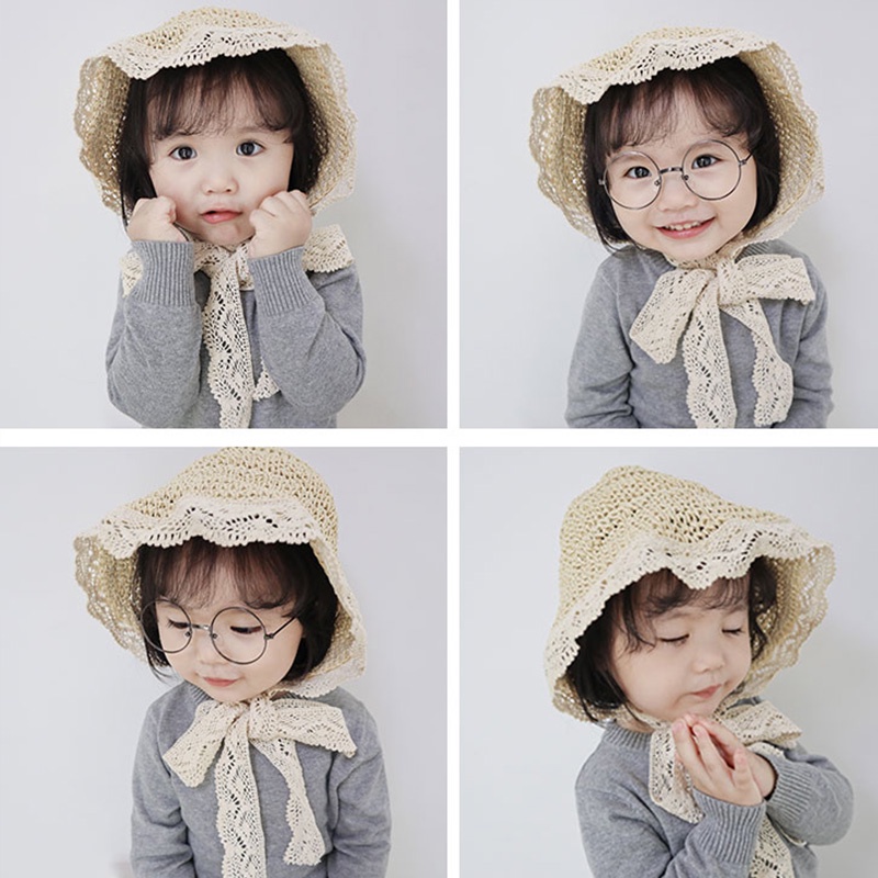 Mũ Cói Chống Nắng Phối Ren Thời Trang Đi Biển Mùa Hè Cho Bé Gái