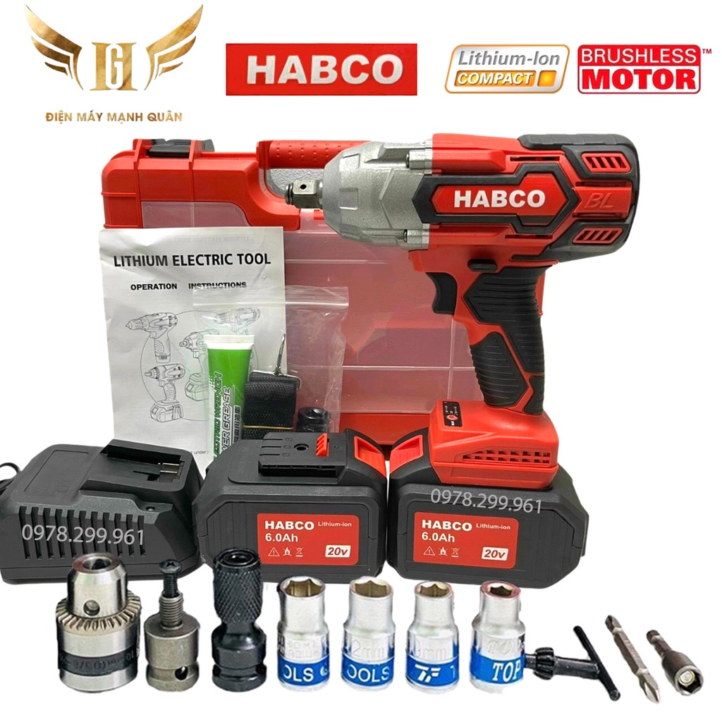 [ PIN 15 Cell 6Ah] Máy Siết Bulong, Máy Vặn Vít HABCO 20V, Động Cơ Không Chổi Than, Lực Siết Khủng 880Nm, BH Chính Hãng