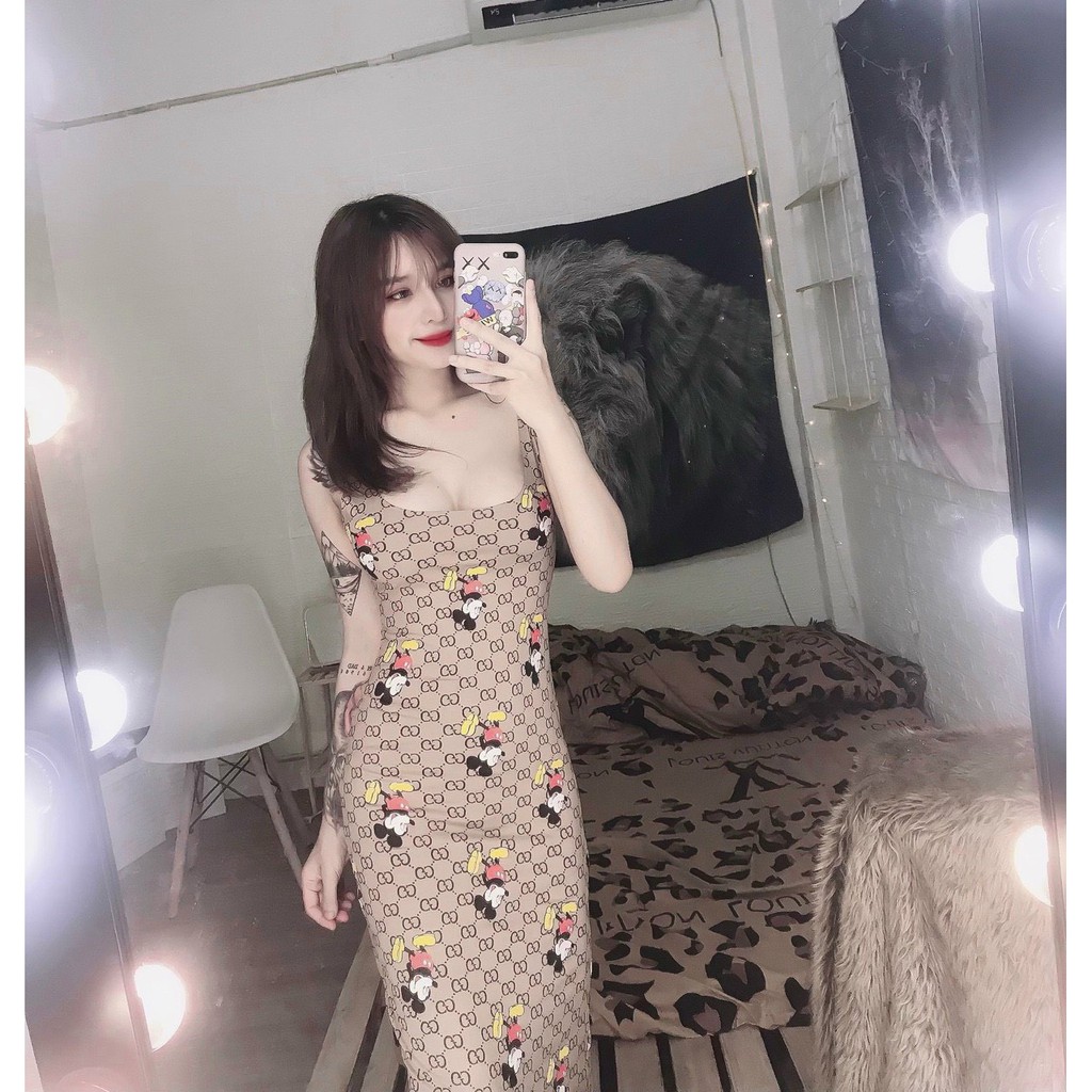 Đầm hai dây in họa tiết chữ và chuột cực hot , chất thun bozip mềm mịn ( ảnh thật )