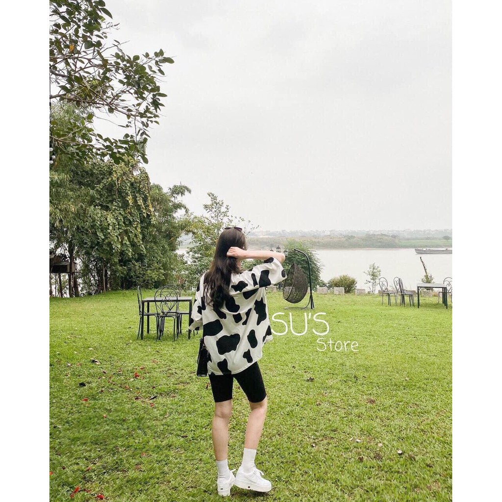 Áo thun cộc tay unisex loang bò sữa kèm quần legging lửng trẻ trung cá tính/ Set bộ hè thời trang nữ_ranstore | BigBuy360 - bigbuy360.vn