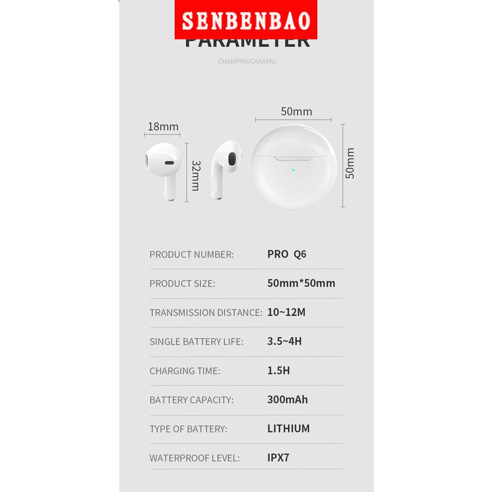 Tai Nghe Bluetooth Không Dây Pro6 TWS Bluetooth 5.0 TWS Kèm Hộp Sạc Cho Android