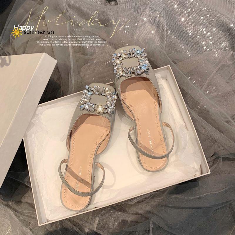 Giày Sandal Da Mềm Mũi Vuông Đính Đá Xinh Xắn Thời Trang
