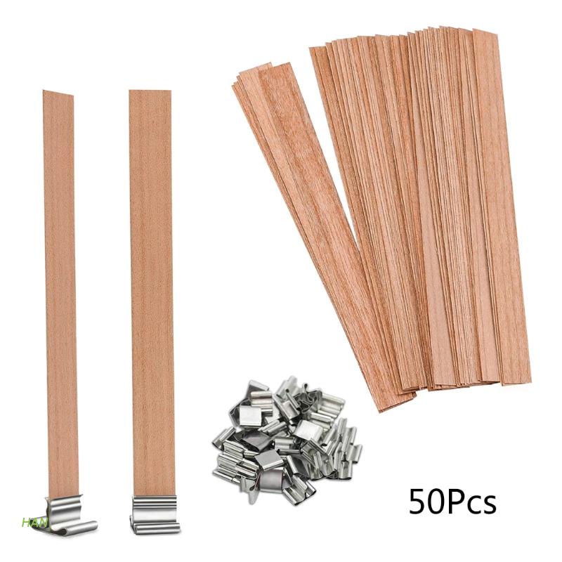 Set 50 Dây Bấc Nến Bằng Gỗ Có Giá Đỡ Kim Loại 5.1 X 0.5 DIY