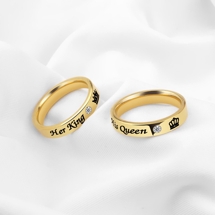 NHẪN CẶP ĐÔI INOX HER KING HIS QUEEN MẠ VÀNG NC072 siêu đẹp - tặng hộp đựng xinh xắn