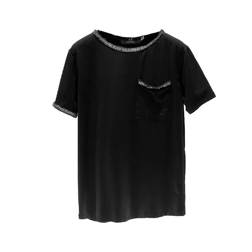 Áo Phông Nam 12.DESTINY Chi Tiết Đính Cườm Chạy Viền Cổ Chất Liệu Premium Cotton Màu Đen (THIẾT KẾ ĐỘC QUYỀN)