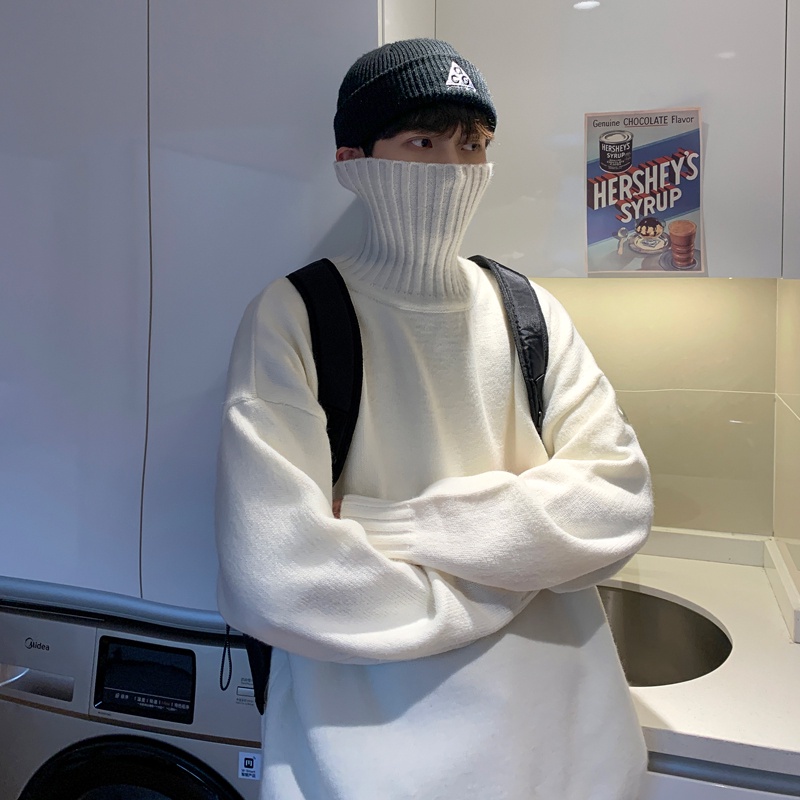 Áo sweater dệt kim dày dáng rộng tay dài cổ lọ màu trơn phong cách Hàn Quốc retro mùa đông cho nam