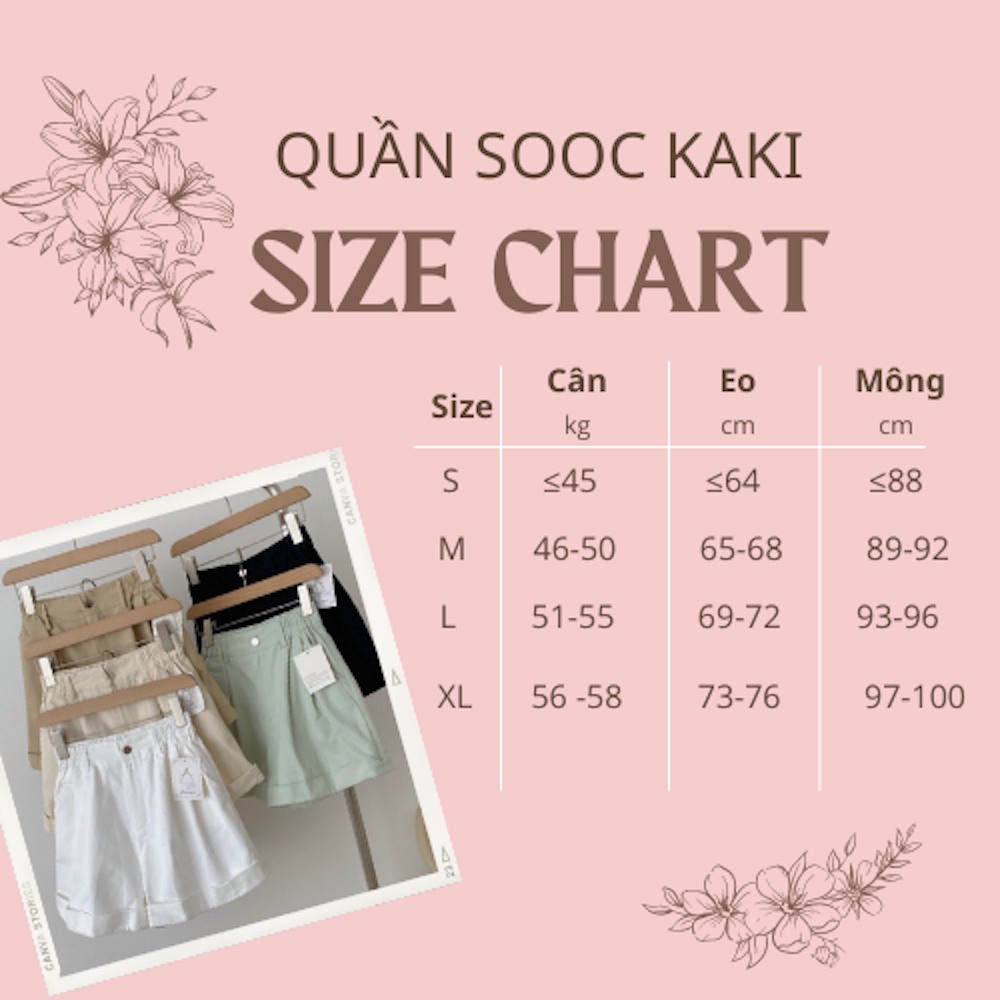 Quần sooc kaki nữ, quần short gập gấu lưng cao, cạp chun ống rộng, chất vải thoáng mát cho mùa hè,5 màu sắc