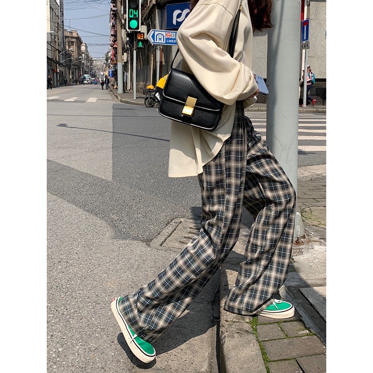 Quần ống rộng Họa Tiết Sọc Caro Thời Trang Phong Cách Retro Cho Nữ