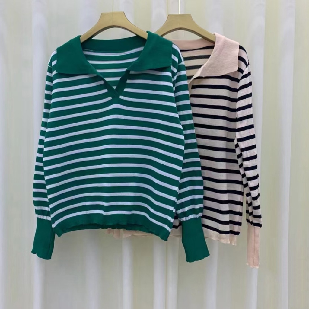 Áo sweater SUXI dệt kim cổ V dáng rộng kẻ sọc màu sắc tương phản kiểu Hàn Quốc thời trang thu đông cho nữ