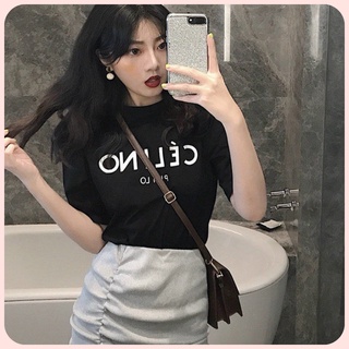 Áo thun nữ màu đen in chữ cé li no philo