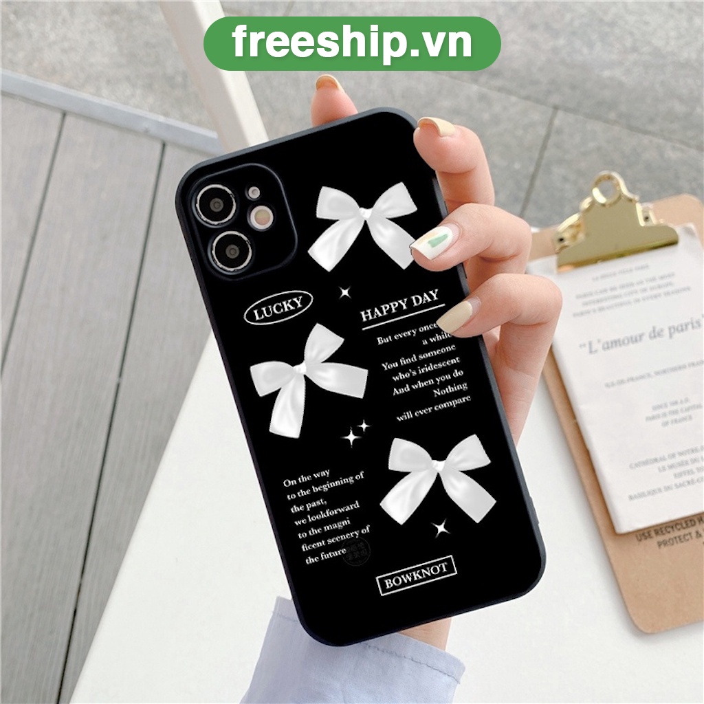 Ốp iphone đen nơ trắng Lucky Happy Day cho 6/6Plus,7/8plus,X/Xs,XsMax,11, Xr,11pro,11ProMax,12/12pro,12ProMax,13pro