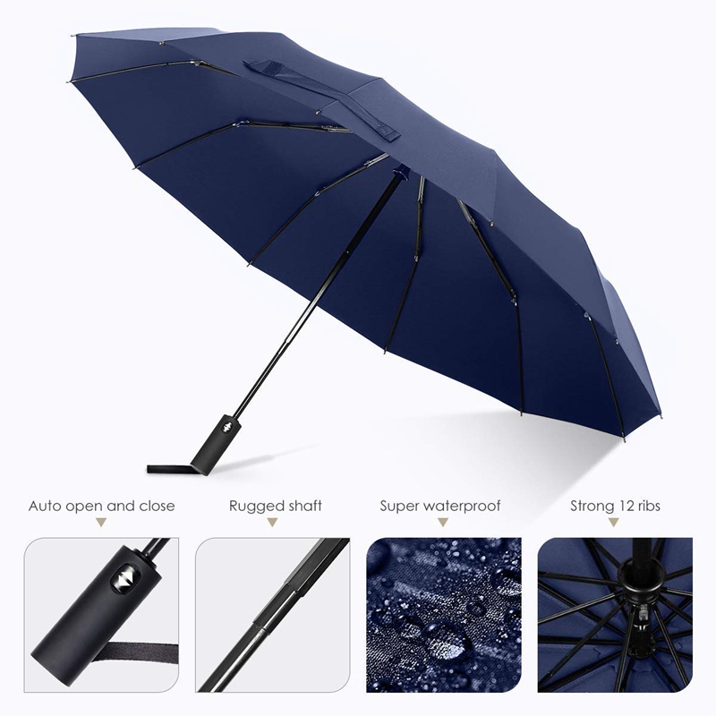 Dù Du Lịch Chống Gió 12 Ribs Với Tay Cầm Dài Có Nút Đóng Mở Tự Động Bảo Vệ Nhỏ Gọn Miễn Phí Khi Đi Mưa