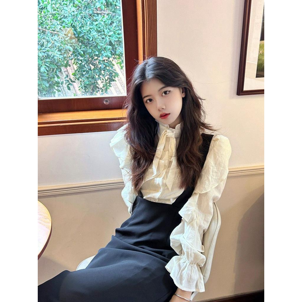 Mnefokc Bộ Đồ Nữ Mùa Thu  Phong Cách Mới Của Pháp Khí Chất Lá Sen Viền Dài Tay Áo Sơ Mi Eo Cao Thắt Lưng Váy Nửa Người