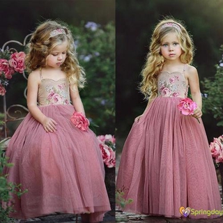 Đầm dài hở lưng phối ren cho bé gái