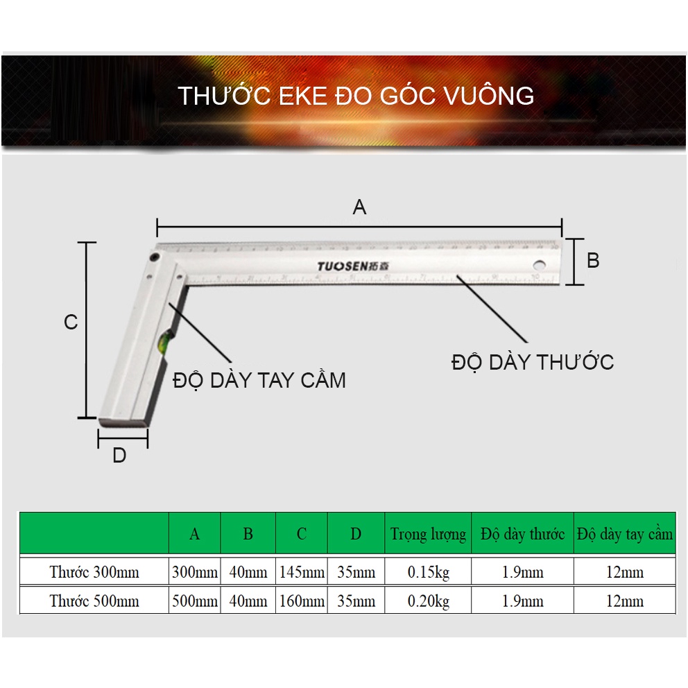 Thước eke góc vuông 300mm/500mm TUOSEN, thước đo góc 90 độ TUOSEN bằng chất liệu hợp kim nhôm