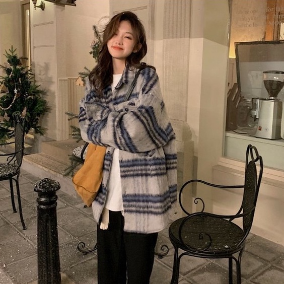 ZHELIHANGFEI Áo Khoác Len Tay Dài Cổ POLO Form Rộng Họa Tiết Kẻ Sọc Hợp Thời Trang