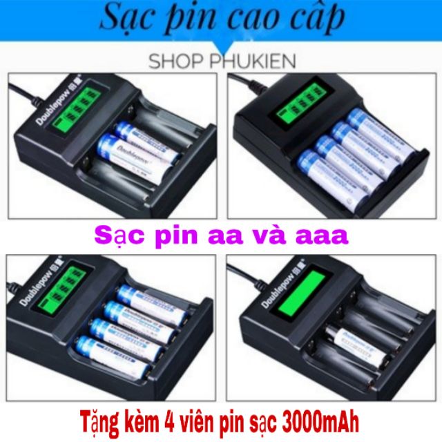 Combo Bộ Sạc Pin AA, AAA K93B Doublepow tự ngắt khi đầy Tốc Độ Cao Hiển Thị Màn Hình LCD kèm pin sạc aa 3000mAh