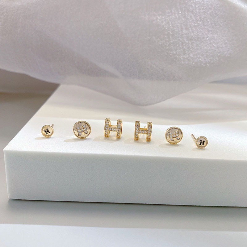 Bộ Khuyên Tai Chữ H Đính Đá Zircon Phong Cách Hàn Quốc Thời Trang