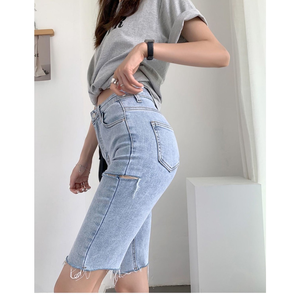 Quần Short denim Lưng Cao Co Giãn Ống Suông Thời Trang Mùa Hè 2022 Cho Nữ
