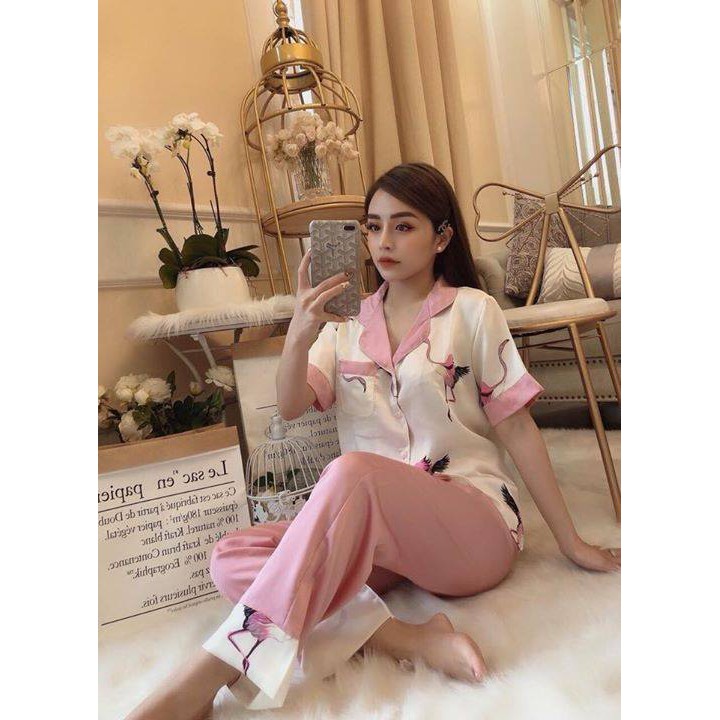 [FREE SHIP] Đồ ngủ Pijama lụa💖Bộ lụa satin hoạ tiết Hạc Trắng mát lịm [HÀNG SIÊU ĐẸP]