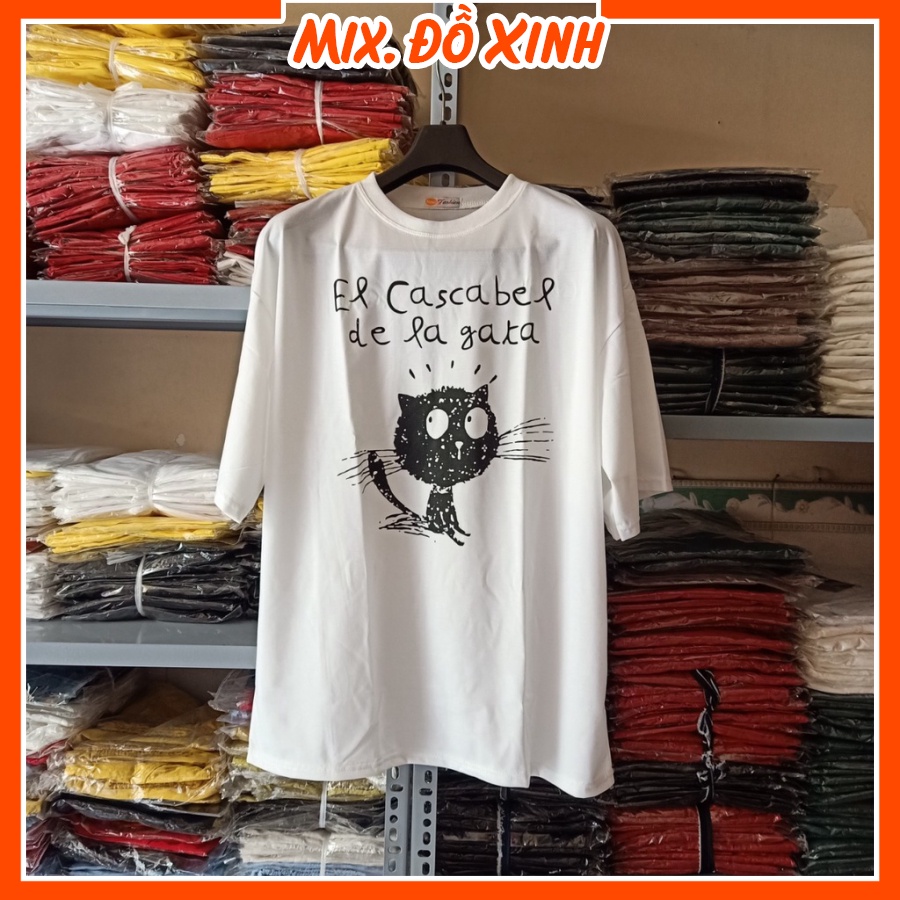 Áo phông unisex Thu Hà áo thun form rộng tay lỡ, chất thun cotton co giãn in hình Mèo Chữ De La Ga Ta